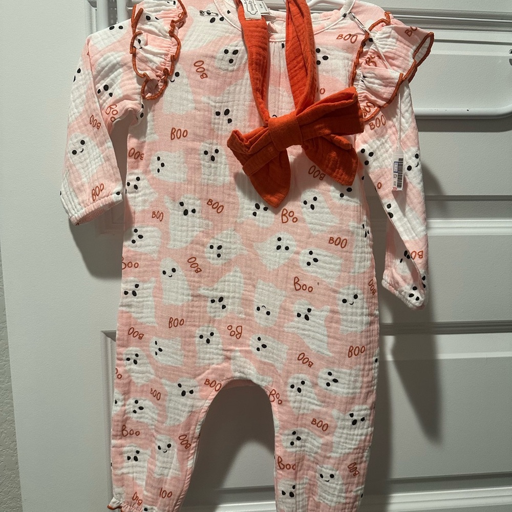 Mud Pie Ghost Print Kids One Piece - Pink and Orange